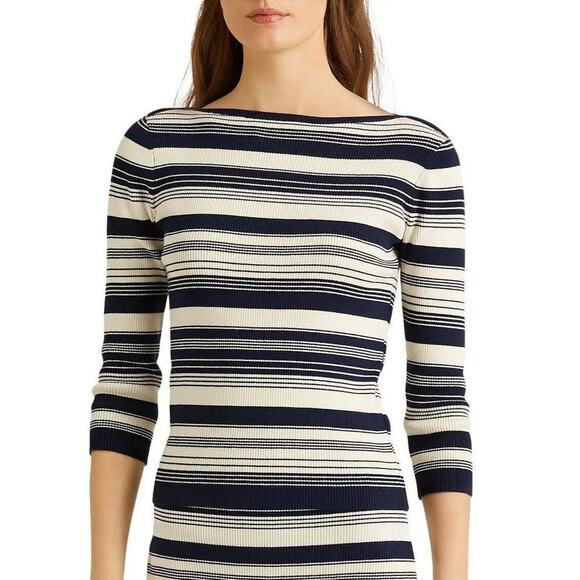 Lauren Ralph Lauren Women Ivory/Navy Striped Casual Knit Ribbed Sweater Size XXL - Picture 1 of 5